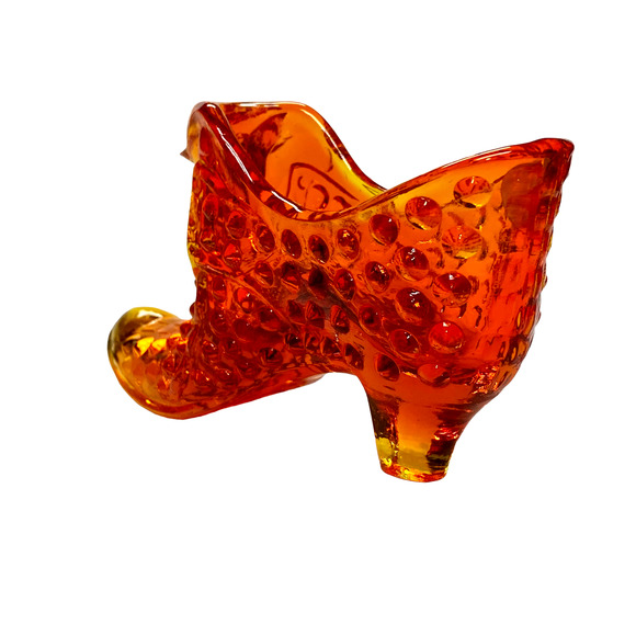 Vintage Fenton Glass Cat Slipper Amberina Hobnail Glass Shoe 1957-1971 Label - Picture 9 of 11